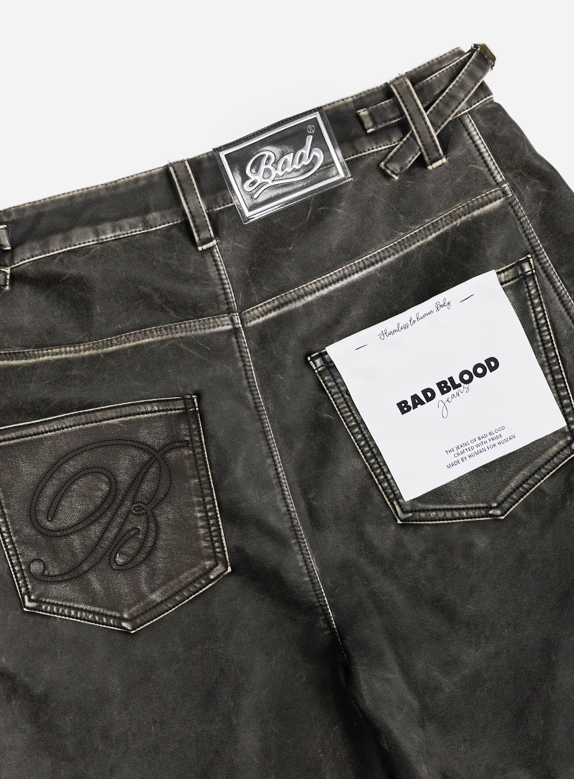 Badblood Charlie Washed Leather Barrel Pants Khaki Black