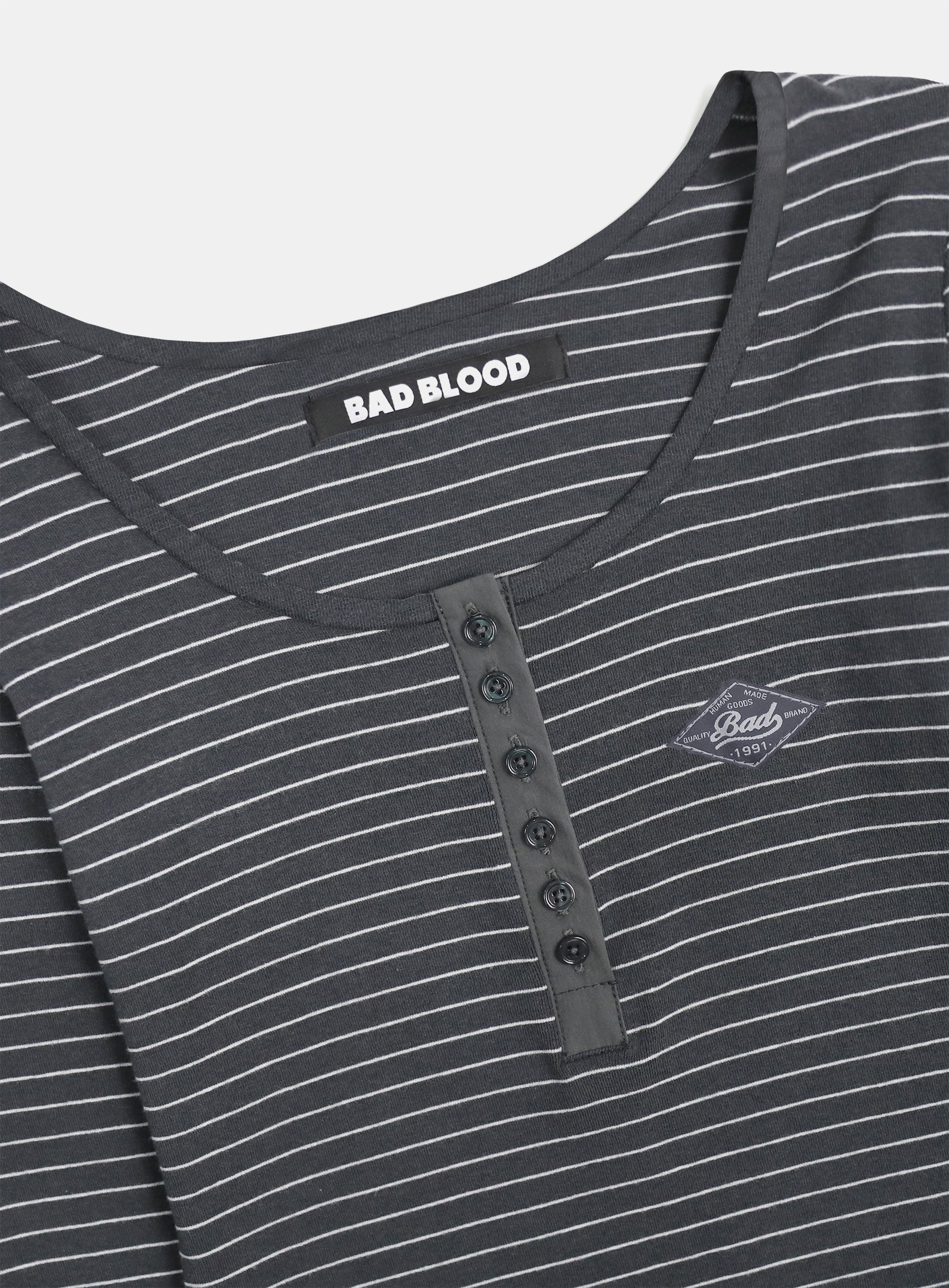 Badblood Beyond Soft Henley Neck Long Sleeve Striped Charcoal