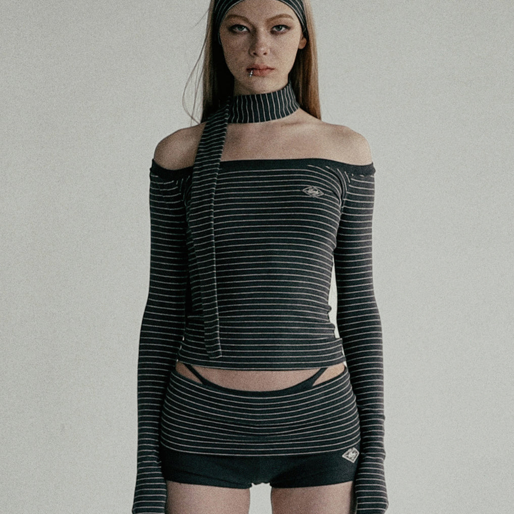 Badblood Beyond Soft Off-Shoulder Top Striped Charcoal