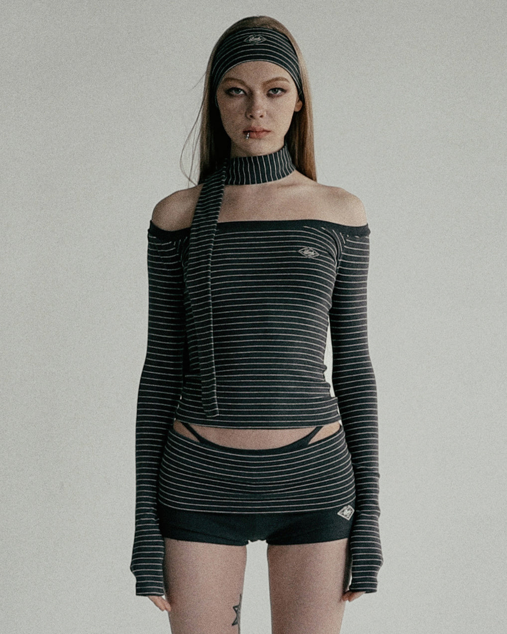Badblood Beyond Soft Off-Shoulder Top Striped Charcoal