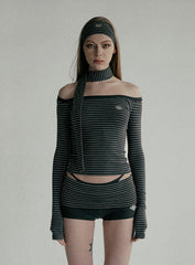 Badblood Beyond Soft Off-Shoulder Top Striped Charcoal