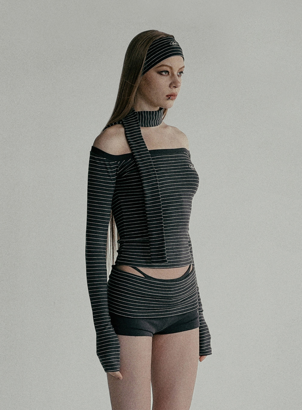 Badblood Beyond Soft Off-Shoulder Top Striped Charcoal