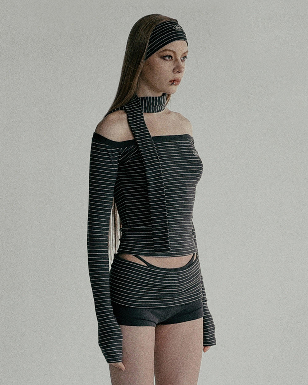 Badblood Beyond Soft Off-Shoulder Top Striped Charcoal