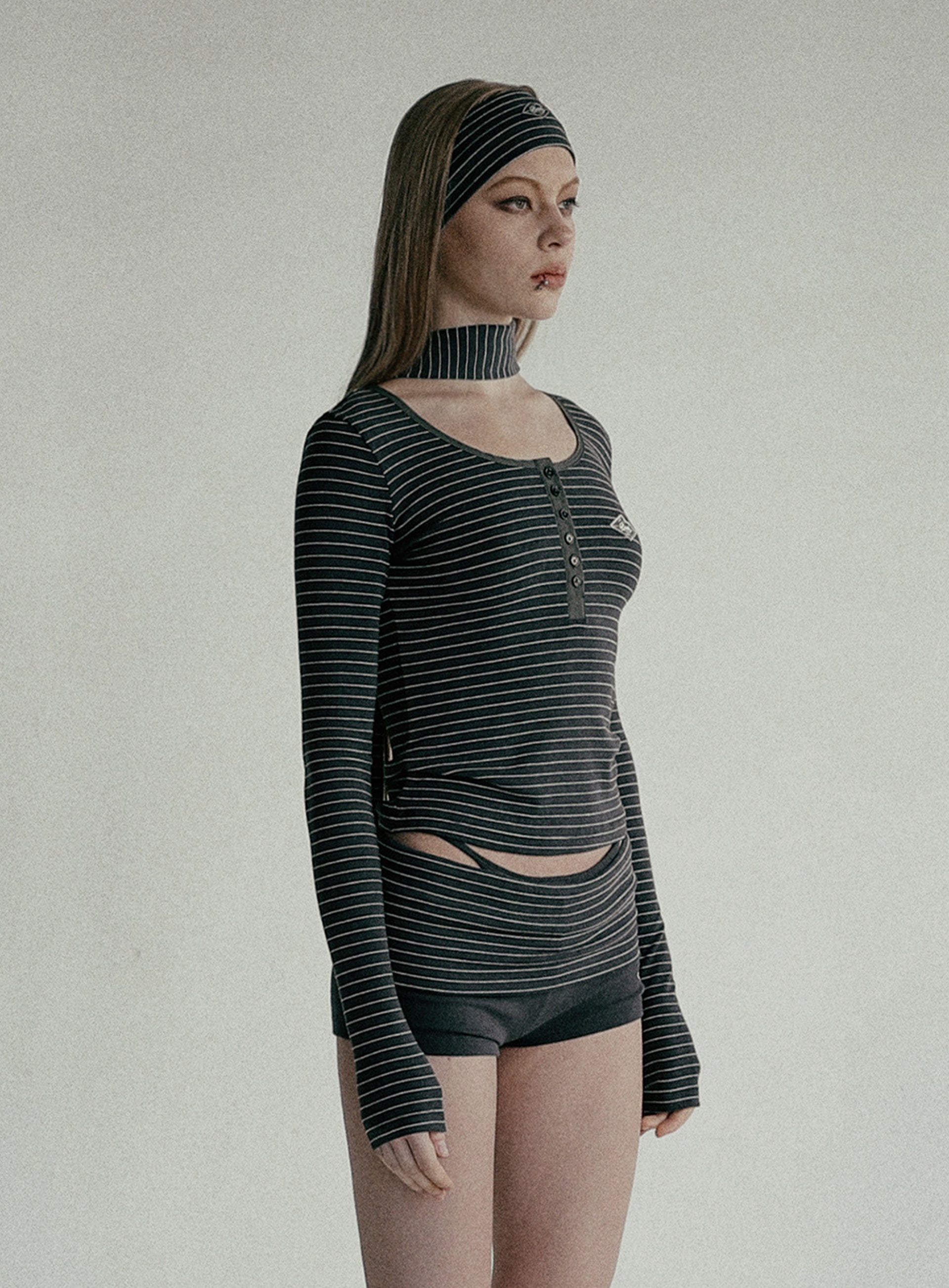 Badblood Beyond Soft Henley Neck Long Sleeve Striped Charcoal