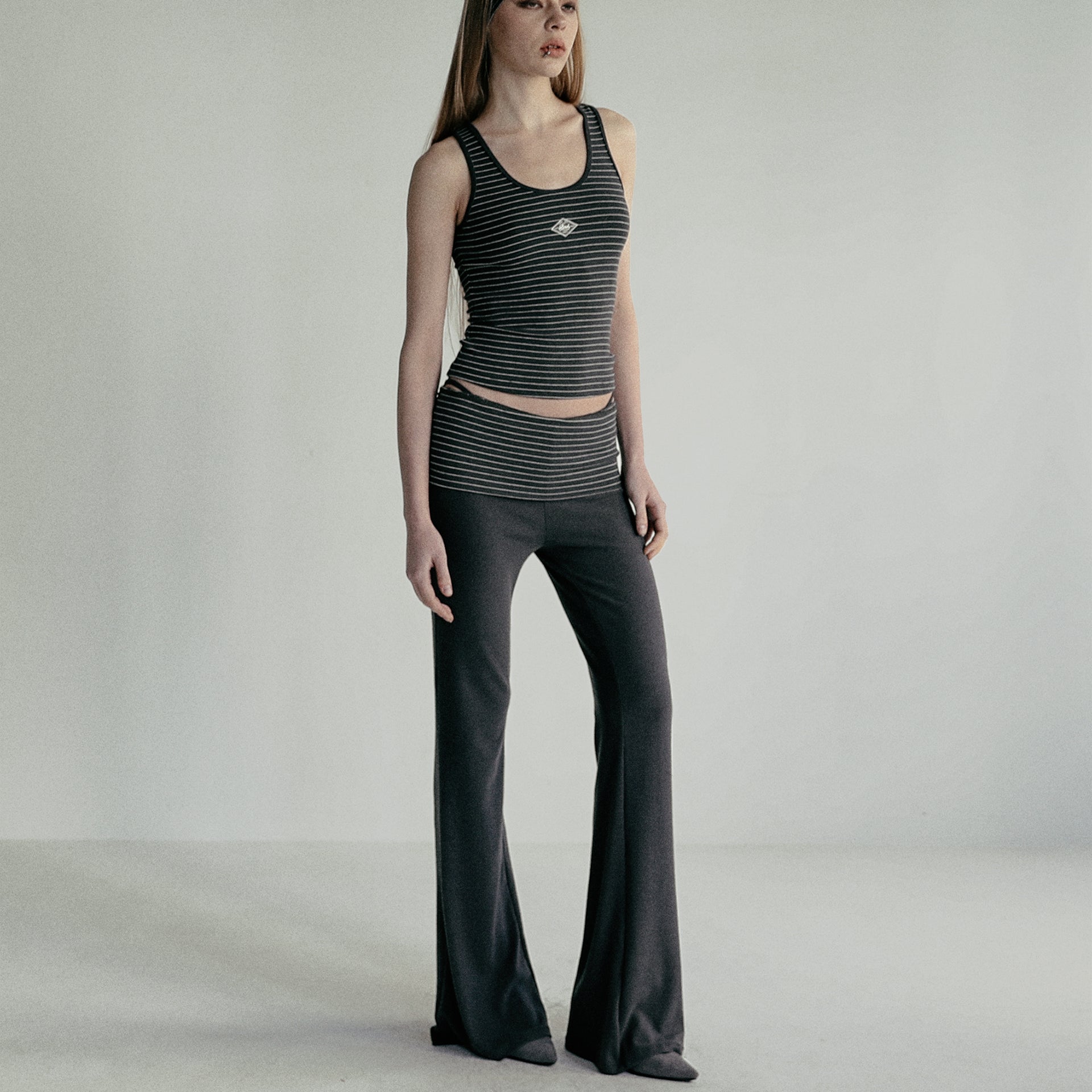Badblood Beyond Soft Fold Over Bootcut Pants Stripe Charcoal