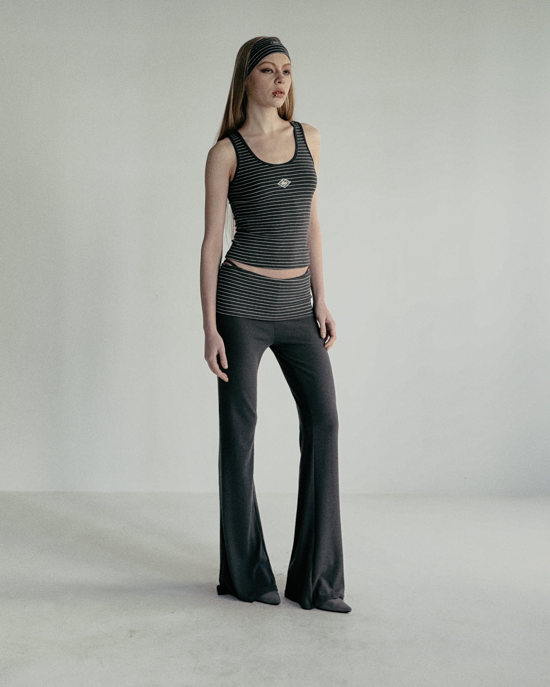 Badblood Beyond Soft Fold Over Bootcut Pants Stripe Charcoal