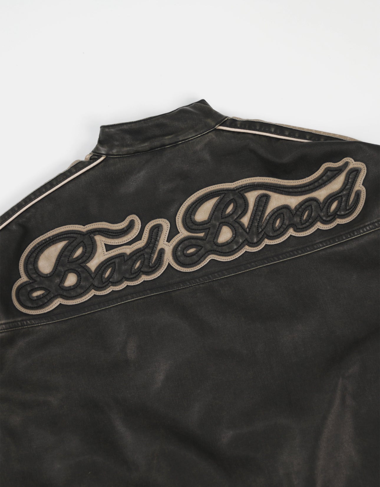 Badblood Billy Old Effect Leather Racer Jactet - Khaki