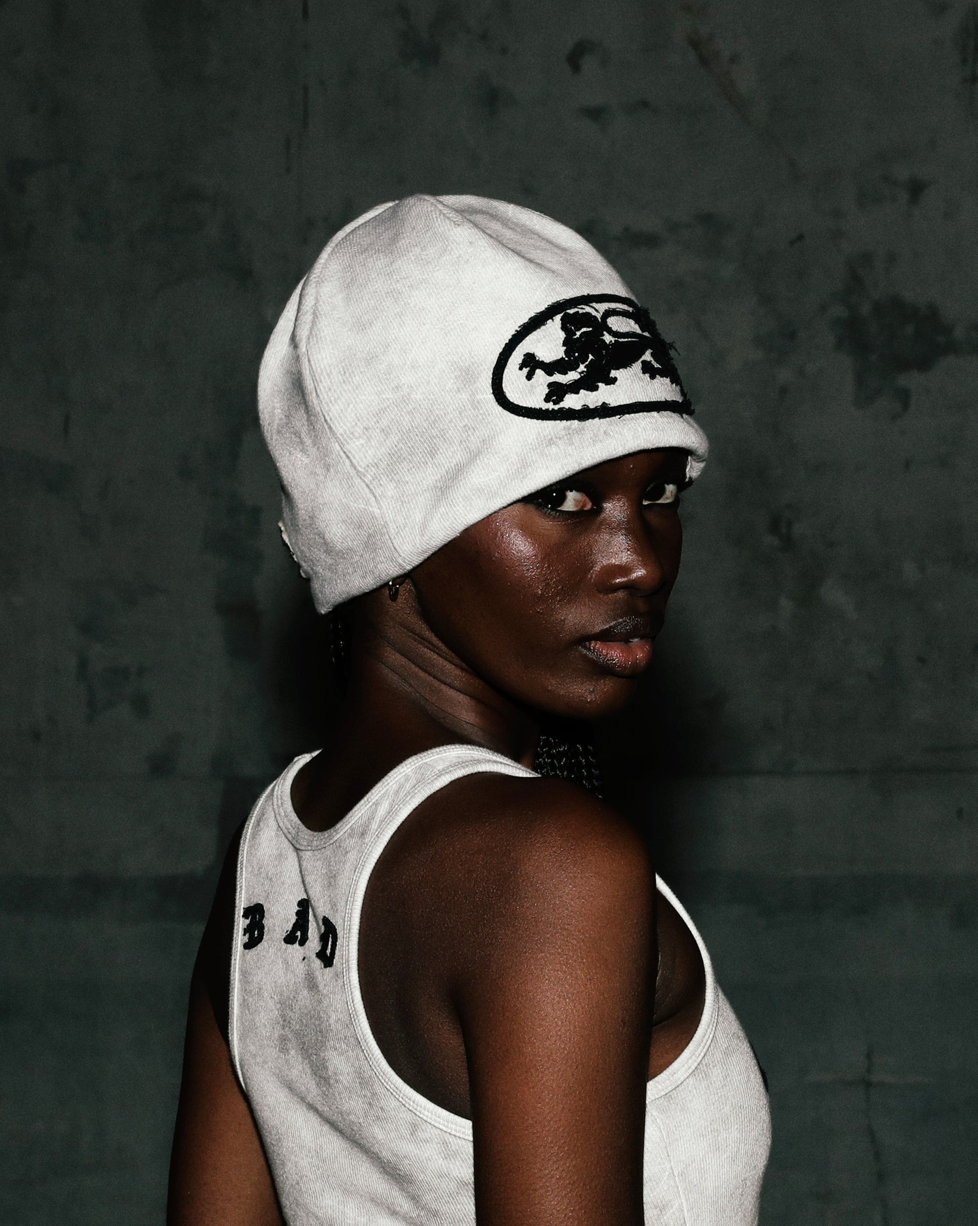 Badblood Lion Patch Beanie Washed White