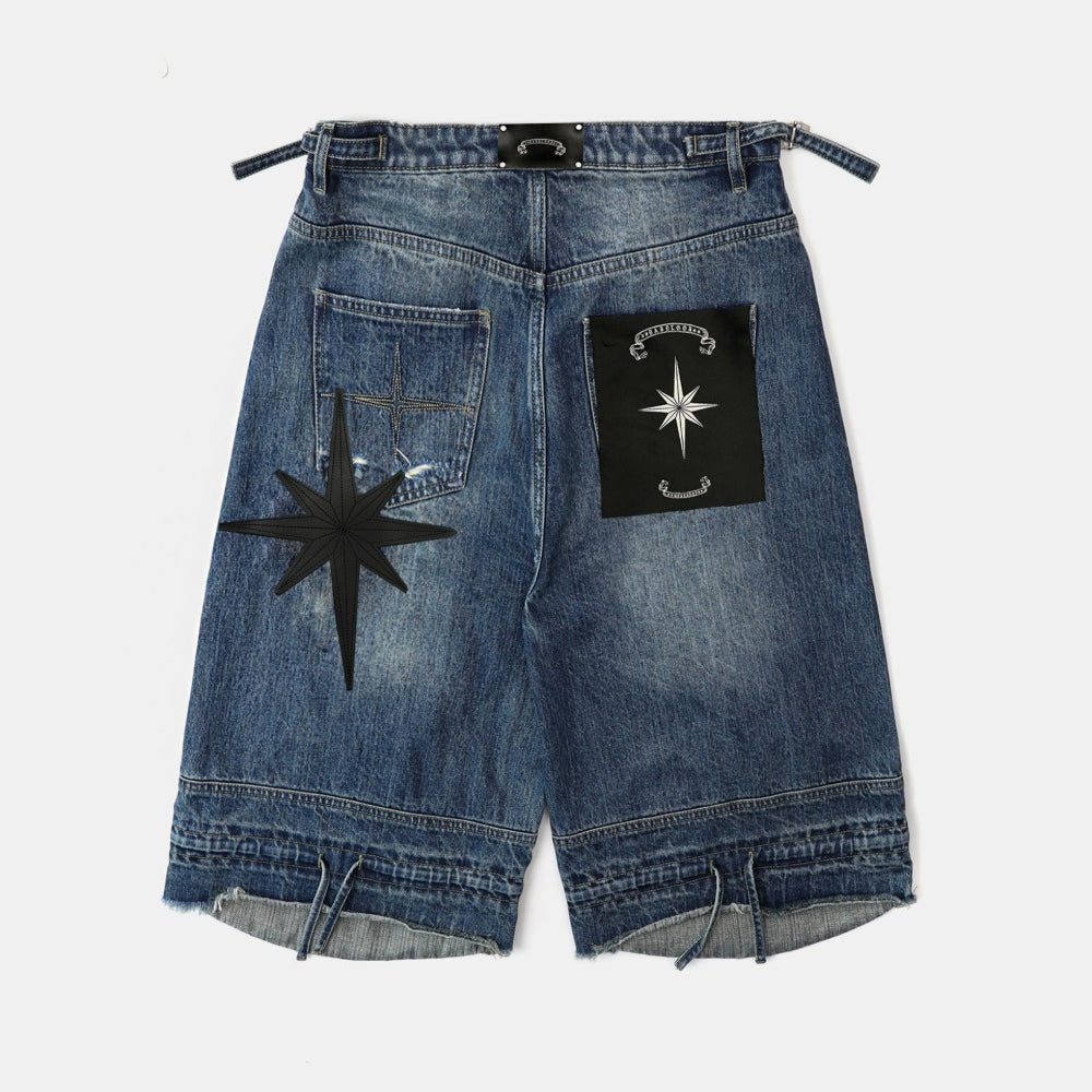 Badblood Convex Denim Long Bermuda Pants - Mid Blue