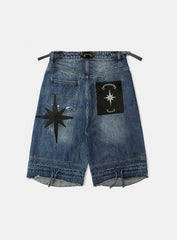 Badblood Convex Denim Long Bermuda Pants - Mid Blue