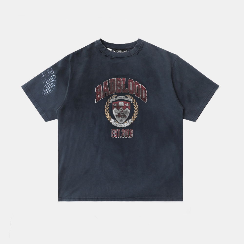 Badblood Workshop Print Distressed T-Shirt Navy