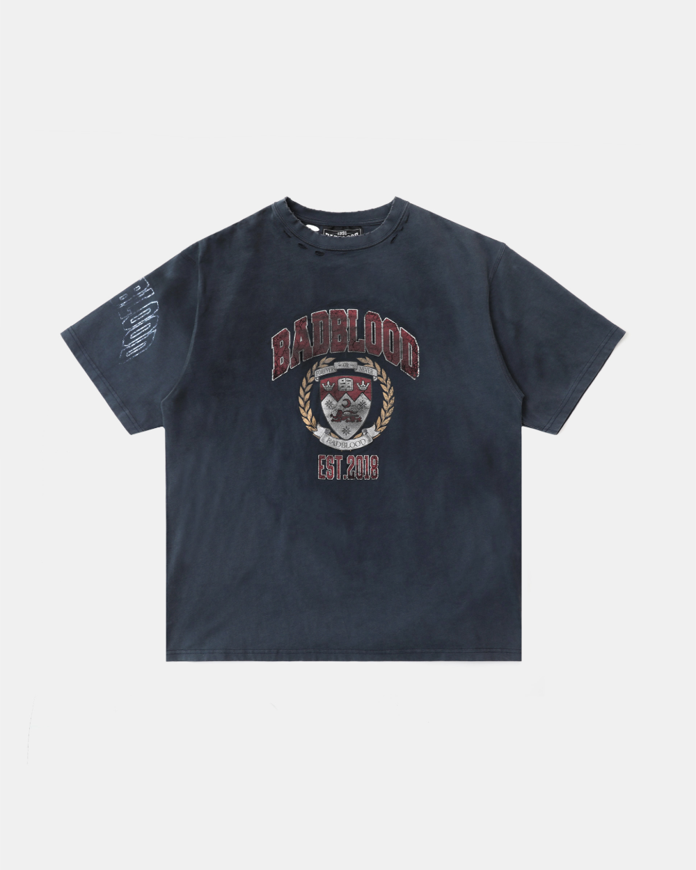Badblood Workshop Print Distressed T-Shirt Navy