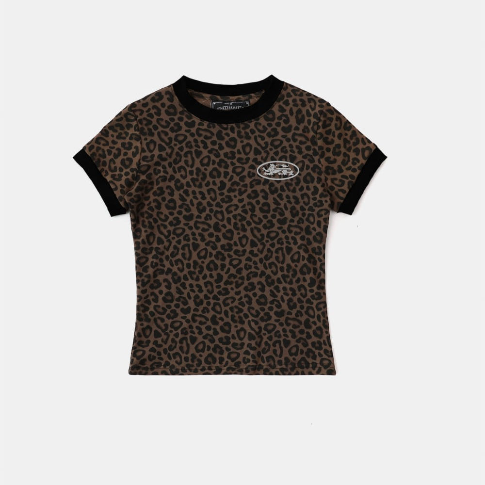 Badblood Mystic Oval Logo Jersey Ringer T-Shirt - Brown Leopard