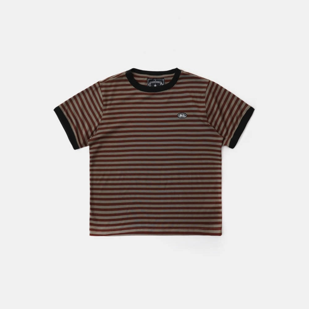 Badblood Tiny Logo Jersey Ringer T-Shirt - Brown/Stripe