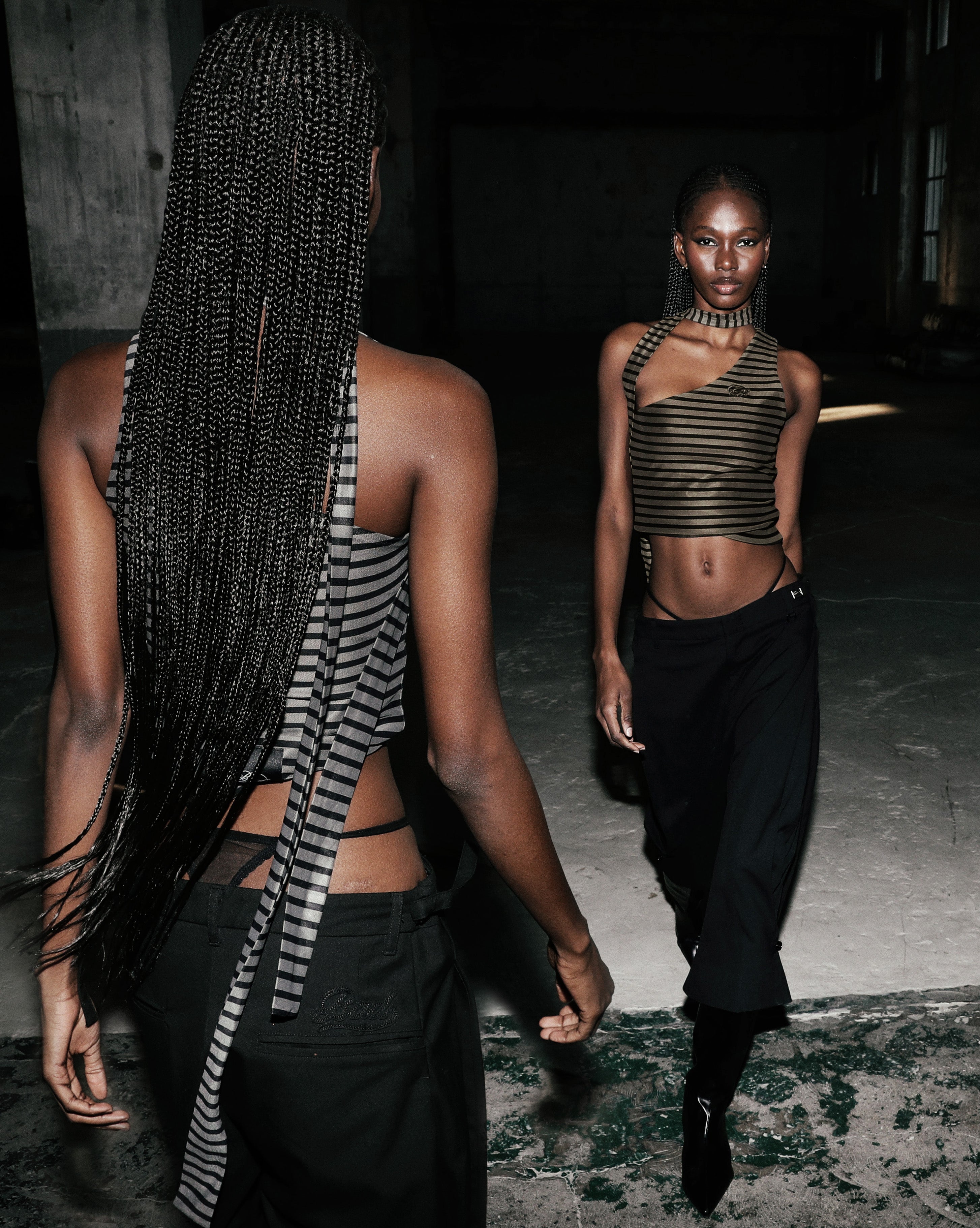 Badblood Striped One Shoulder Tank - Khaki/Black