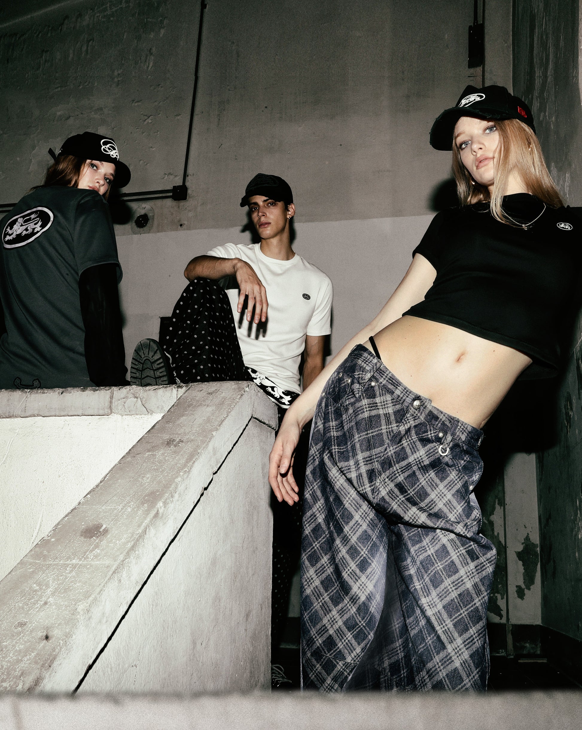Badblood Lion Patch Washed Barrel Pants Blue Denim Check