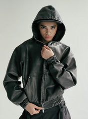 Badblood Washed leather hood zip-up - black