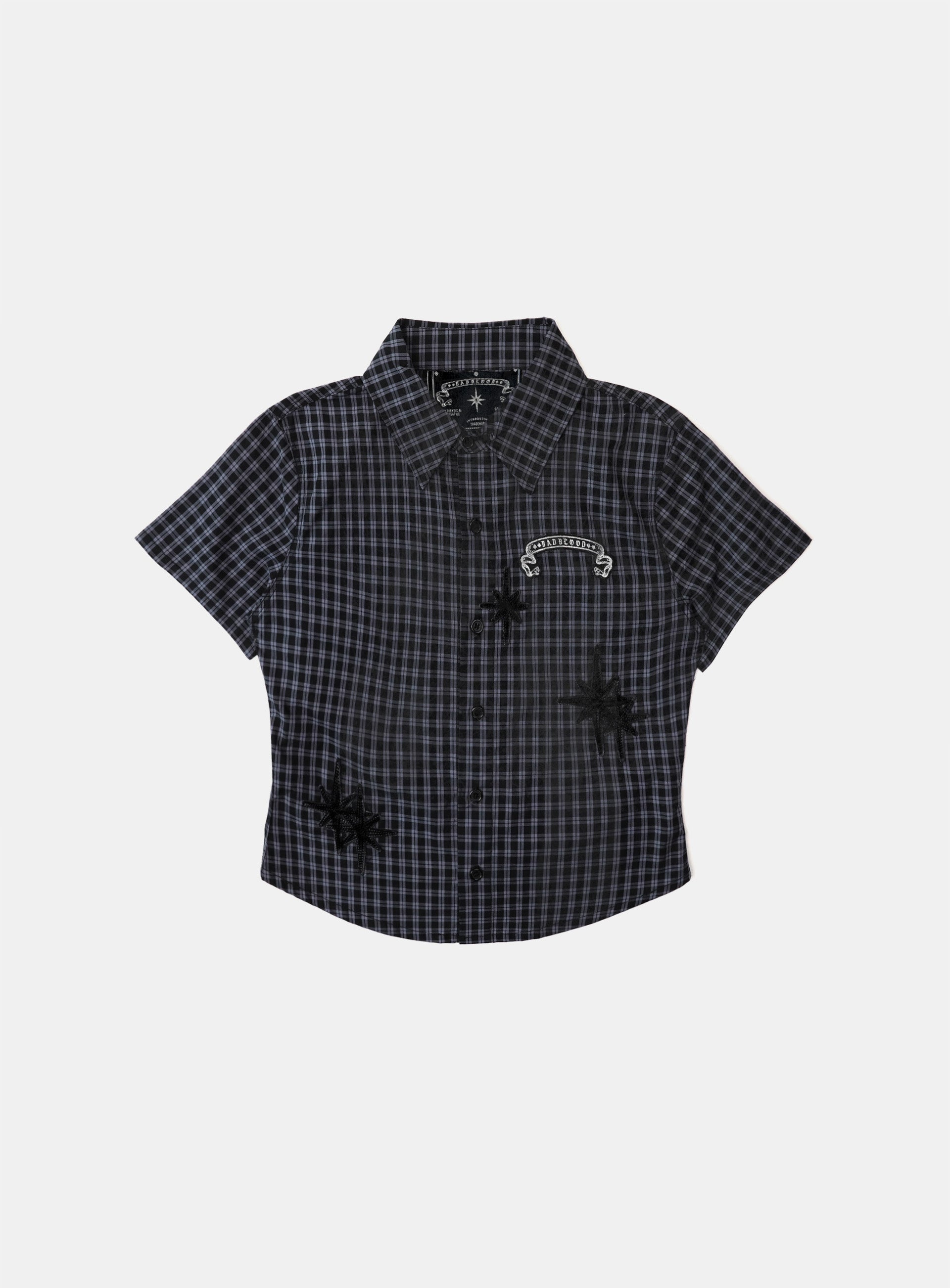 Badblood Cosmo Graphic Short Sleeve Shirt Charcoal Blue Check