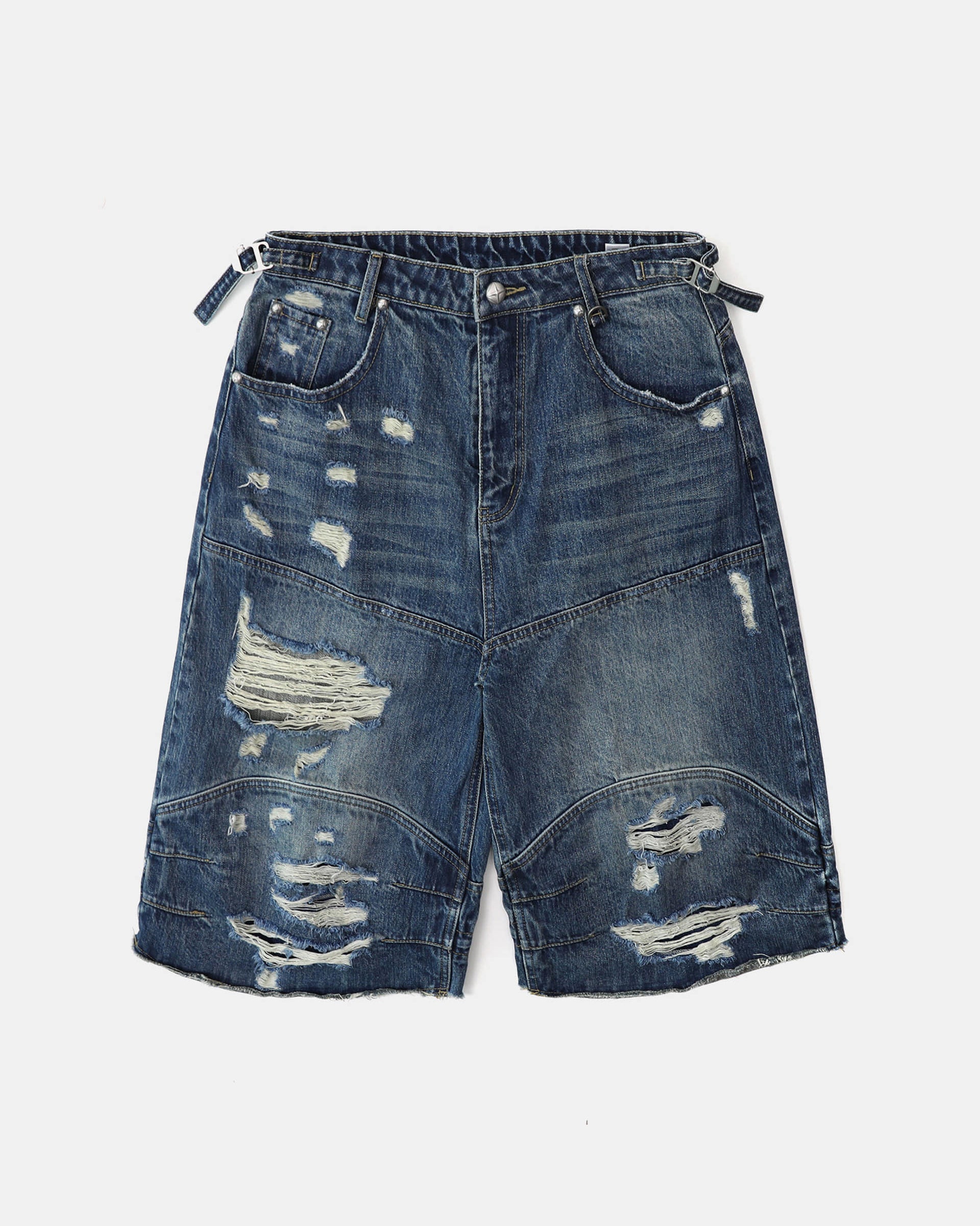 Badblood Convex Denim Long Bermuda Pants - Mid Blue
