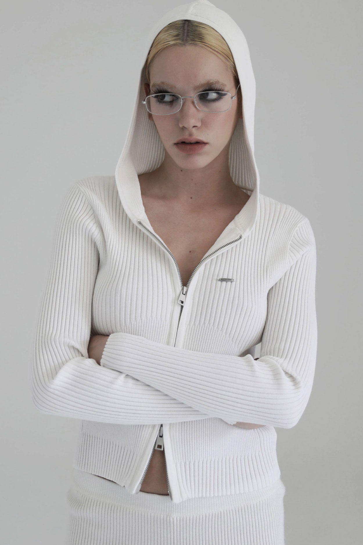 Badblood Knit hooded zip-up White