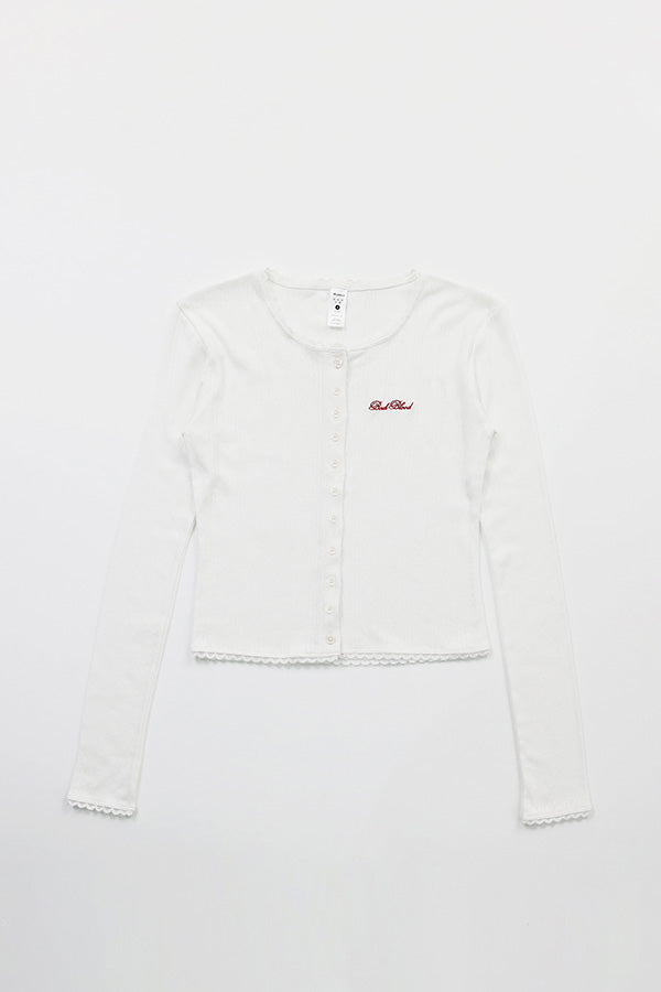 Badblood Classic Logo Pointel Crew Neck Cardigan - White