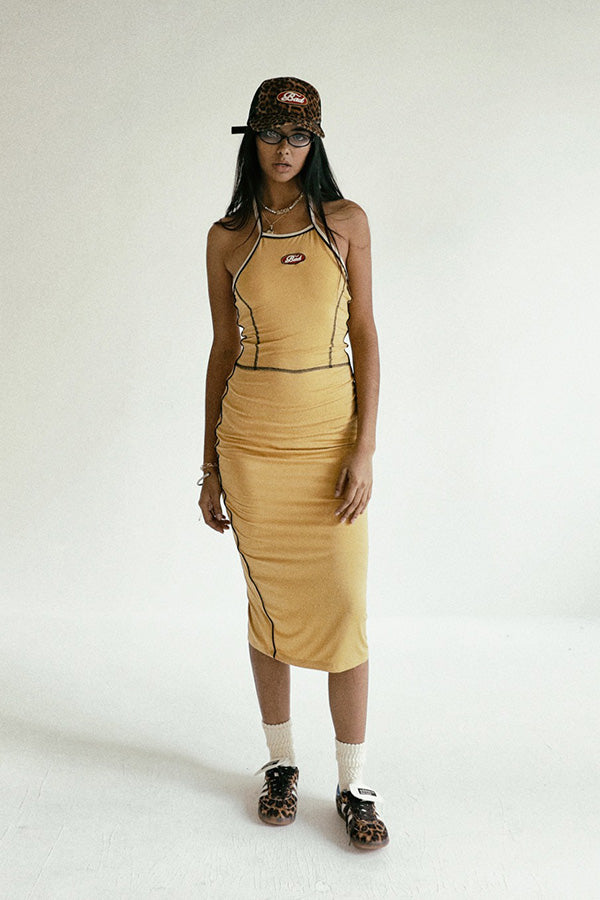 Badblood Oval Logo Halterneck Midi Dress Mustard