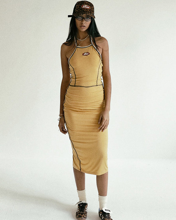 Badblood Oval Logo Halterneck Midi Dress Mustard