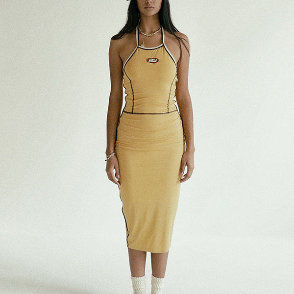 Badblood Oval Logo Halterneck Midi Dress Mustard