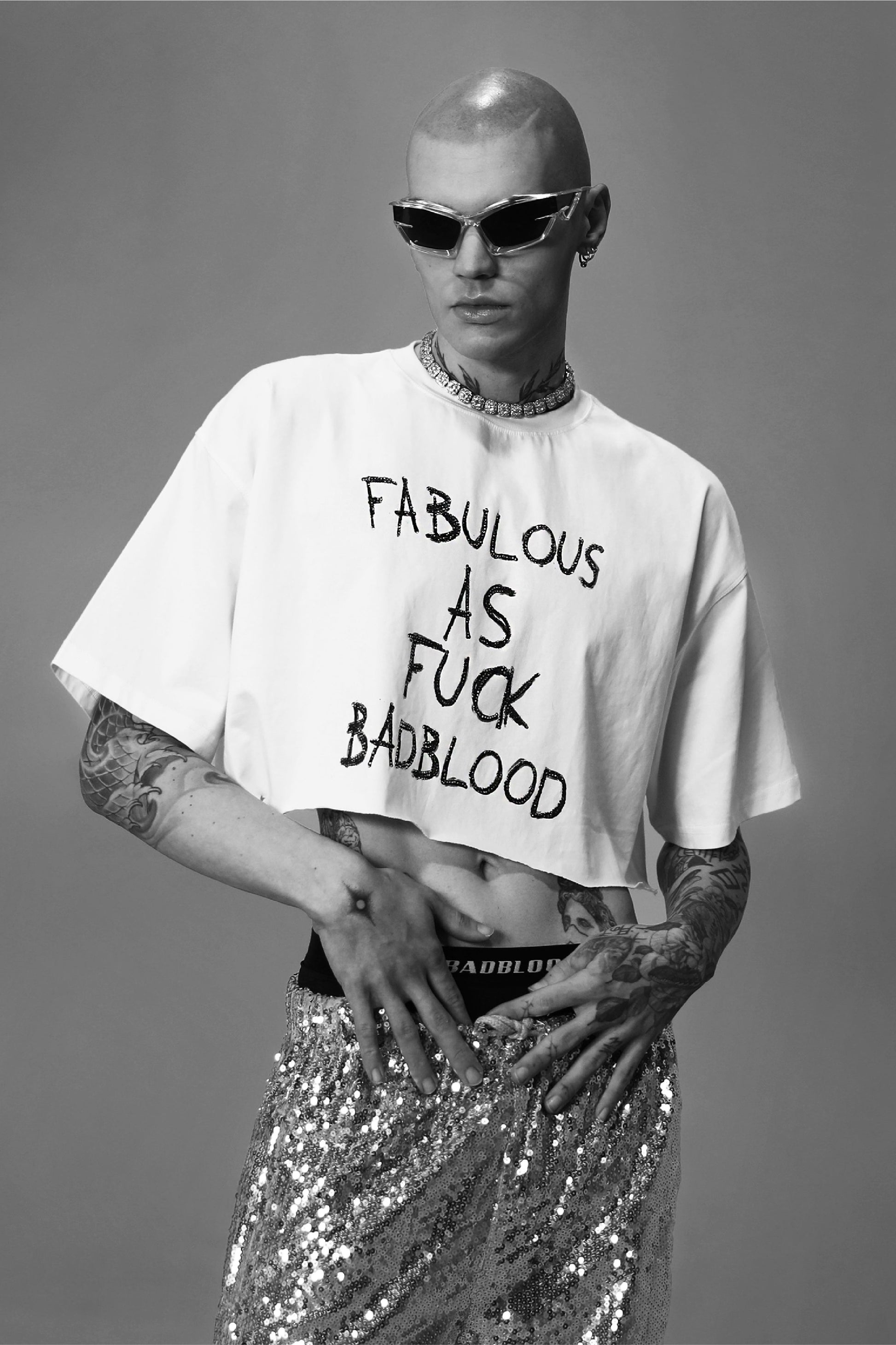 Badblood FFB Rhinestone Crop Short Sleeve Boxy Fit White