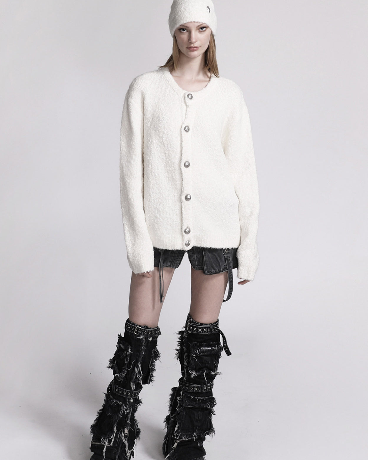 Badblood Boucle Crew Neck Cardigan Cream
