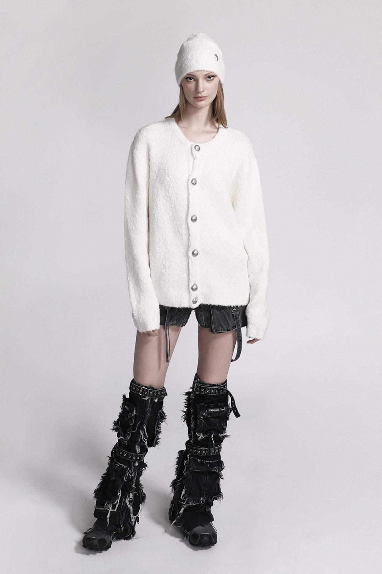 Badblood Boucle Crew Neck Cardigan Cream