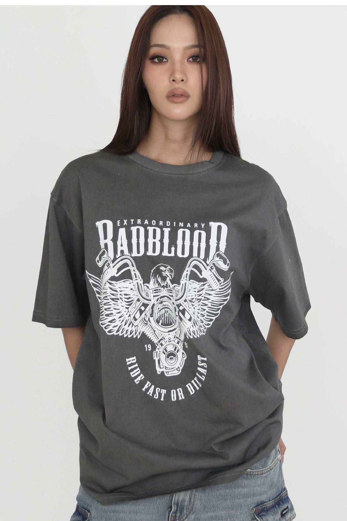 Badblood RFDL Print Vintage Short Sleeve Boxy Fit Charcoal