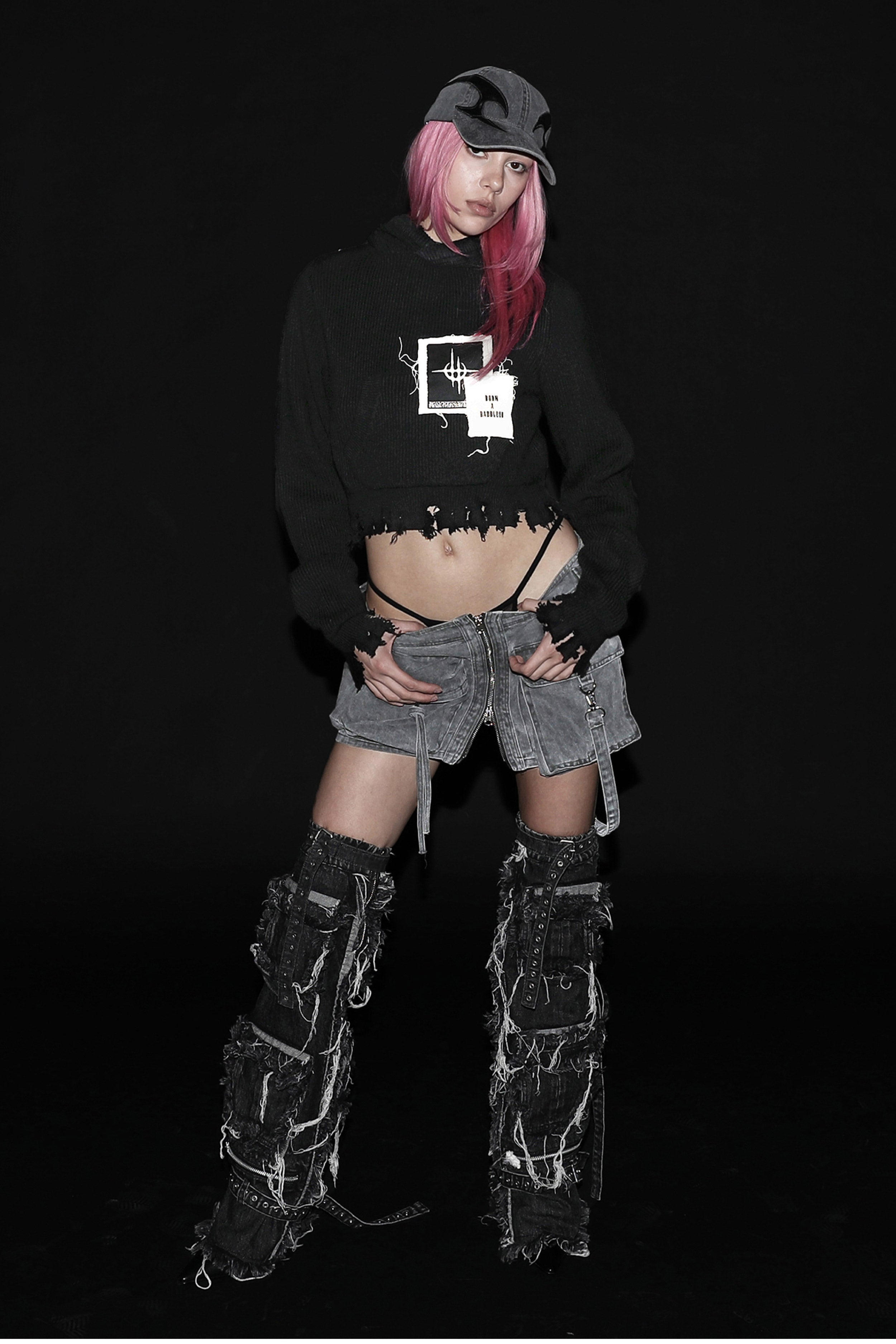 Badblood Destroyed Hooded Cropped Sweater Black