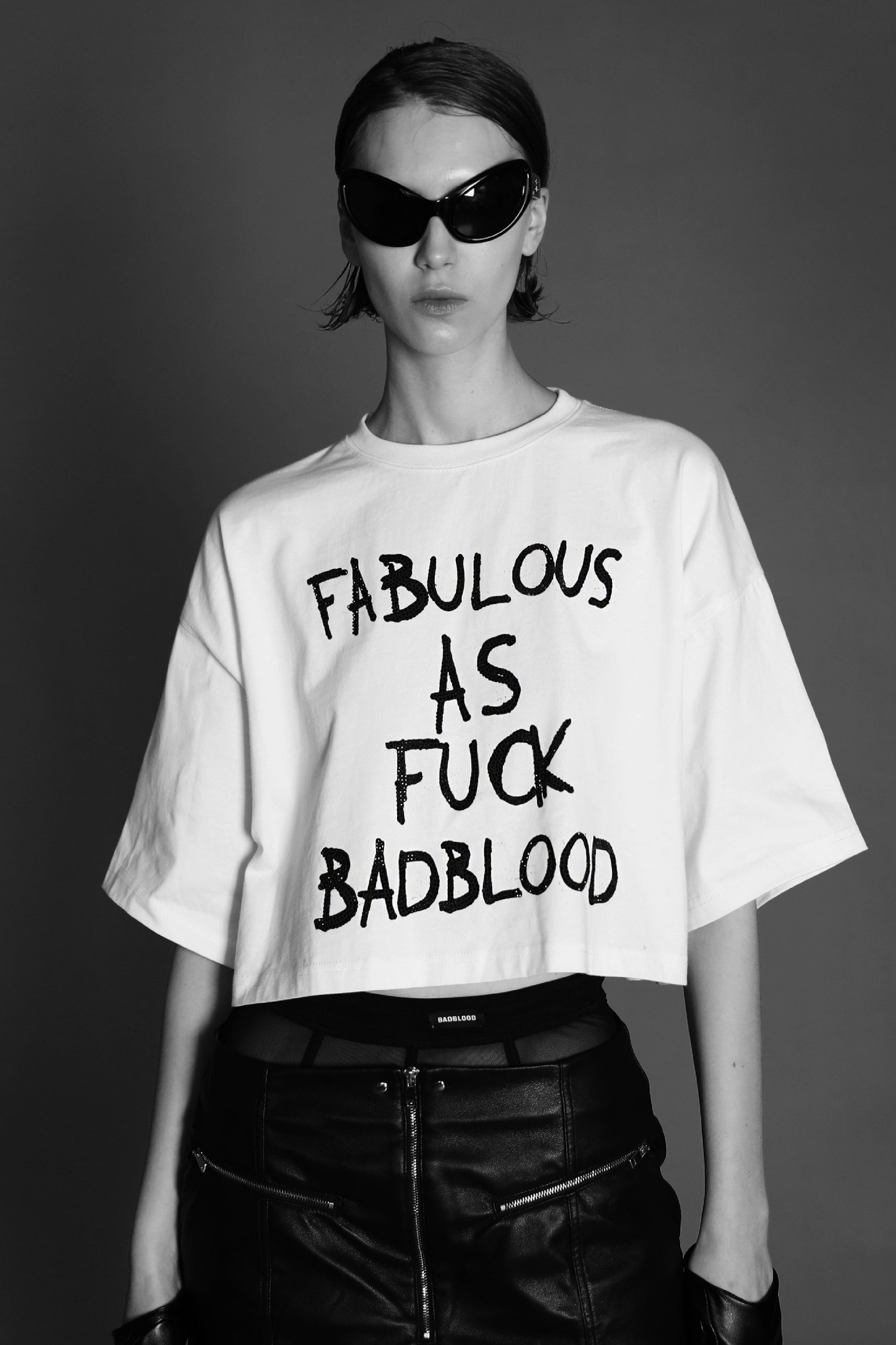 Badblood FFB Rhinestone Crop Short Sleeve Boxy Fit White