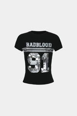 Badblood Sequin Logo Short Sleeve Baby Fit Tee Black